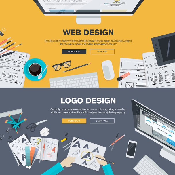 Conceptos de ilustración de diseño plano para desarrollo de diseño web, diseño de logotipos, diseño gráfico, agencia de diseño
 - Vector, imagen