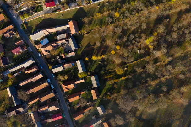 Aerial drone above view of village houses. Manastireni, Romania - Zdjęcie, obraz
