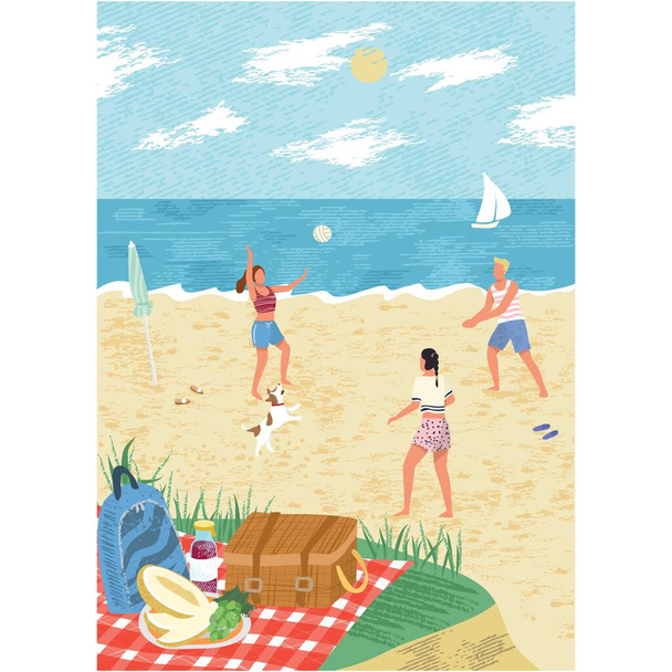 Vettore di beach volley. Gli amici giocano a palla cartone animato. Gioventù e selvaggina durante le vacanze estive. Persone attività ricreative, pic-nic all'aperto e illustrazione dello sport. Mare di sabbia costa paesaggio - Vettoriali, immagini