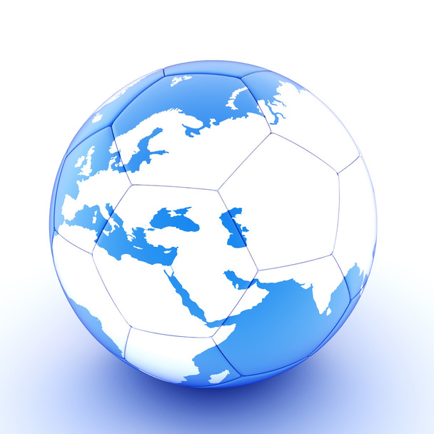 Ballon de football blanc / bleu avec carte du monde
 - Photo, image