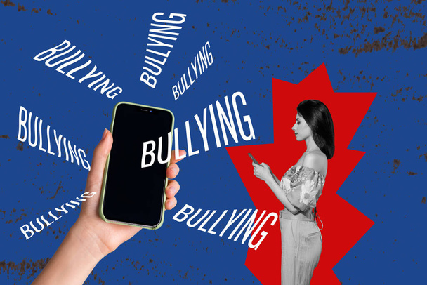 Young woman blogger suffer internet bullying blogger influencer read negative comments threatens blue poster background. - Photo, image