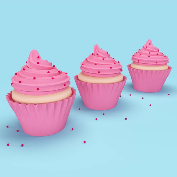 Pink cupcakes set decorated with sprinkles on a blue background. 3d render - Foto, imagen