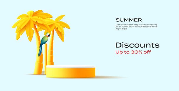 3D stage podium mockup with palm trees and parrot, yellow render graphic, promo discounts banner template - Vektor, obrázek
