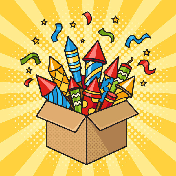 Box with fireworks rockets pinup pop art retro vector illustration. Comic book style imitation. - Vektor, Bild