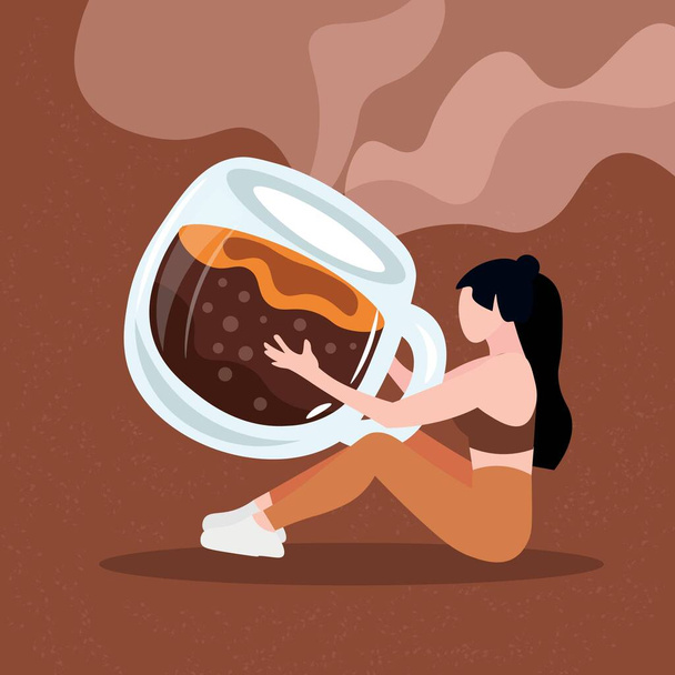 茶色の背景にコーヒーの大きなカップを持つ女性 - ベクター画像