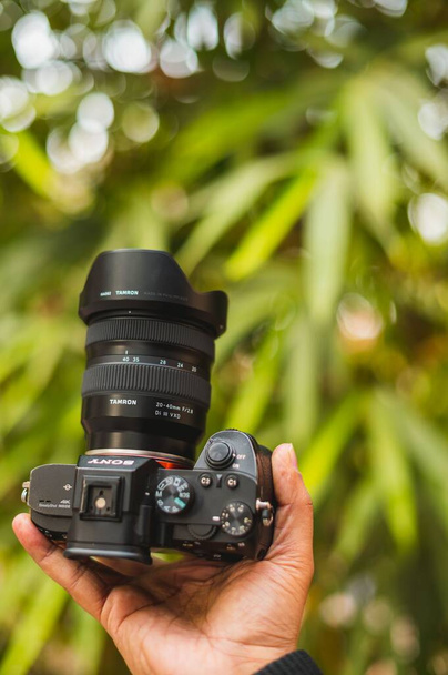 Top view of sony a7iii with lens on , full-frame camera - Foto, Imagen