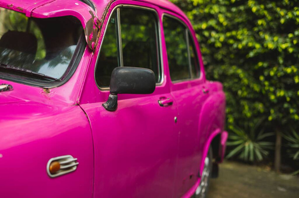 A selective focus shot on the side mirror of a pink retro car standing in front of green plants - Foto, Imagem