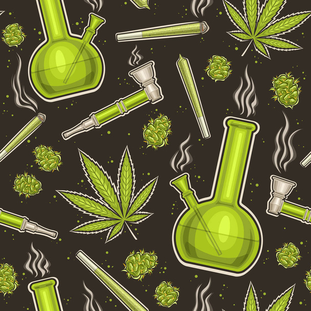 Vector Cannabis Seamless Pattern, sich wiederholender Hintergrund mit Illustrationen von flach gelegten medizinischen Cannabis-Knospen, Marihuana-Blatt, Unkrautpapierrolle, Glas-Cannabis-Wasserpfeife mit Wasser zum Einwickeln von Papier - Vektor, Bild