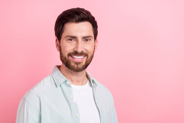 Photo portrait of attractive young man cheerful face toothy beaming smile wear trendy blue outfit isolated on pink color background. - Photo, Image