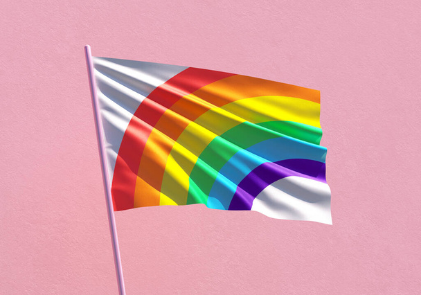 Bandera del arco iris del orgullo ondeando sobre un fondo de pared rosa para el mes del Orgullo LGBTQIA +, la libertad sexual, la celebración de la diversidad amorosa y la lucha por los derechos humanos en la ilustración 3D - Foto, Imagen