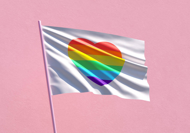 Pride rainbow heart flag waving on a pink wall background for LGBTQIA+ Pride month, sexuality freedom, love diversity celebration and the fight for human rights in 3D illustration - Photo, Image
