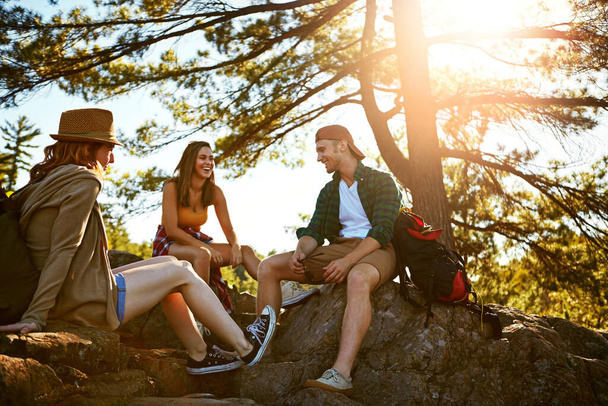 Μοιράζονται ένα πάθος για τη φύση. τρεις νέοι άνθρωποι πεζοπορία, ενώ σε ένα ταξίδι στο εξωτερικό - Φωτογραφία, εικόνα