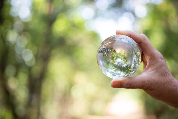 bola de globo de cristal de la tierra en la mano humana, concepto del día del medio ambiente. Desarrollo sostenible de los recursos naturales y del medio ambiente. Protección de los recursos forestales del mundo. - Foto, Imagen