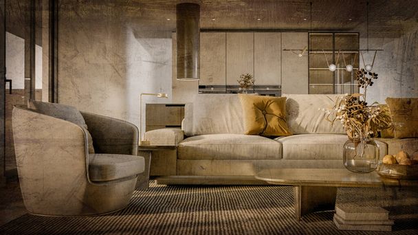 Large luxury modern bright interiors home Living room mockup banner vintage illustration 3D rendering - Photo, Image