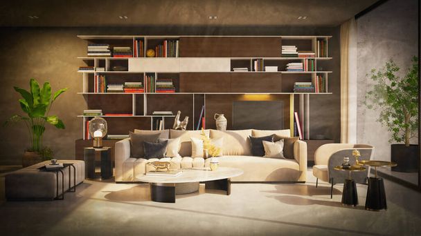 Nagy luxus modern világos belső terek otthon Nappali mockup banner szüret illusztráció 3D renderelés - Fotó, kép