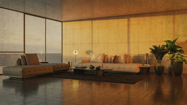 Grandes interiores luminosos modernos de lujo hogar Sala de estar mockup banner ilustración vintage 3D renderizado - Foto, Imagen