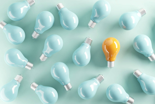 Minimal idea of yellow light bulb surrounded with blue bulbs on pastel background. 3d rendering. Idea creative Concept. Copy space. - Photo, Image