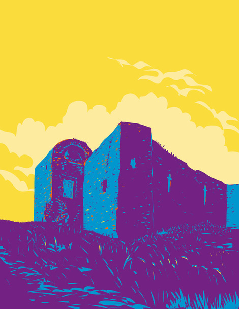 Мистецтво плакату WPA замку Баллімун є національним пам'ятником, розташованим на схід від Муйне-Бхааг-Багенальстаун, графство Карлоу в Республіці Ірландія, зроблене в проектному адмініструванні або стилі арт-деко.. - Вектор, зображення