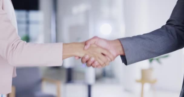 Partnership, collaboration and handshake in office for business deal, agreement or introduction. Man, woman and shaking hands for congratulations, opportunity or b2b, hiring and welcome to company - Footage, Video
