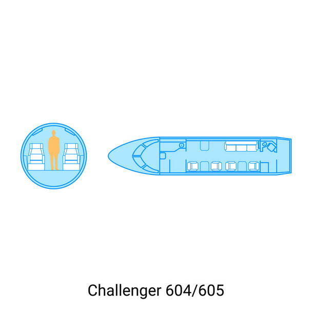 Challenger 604-605 vliegtuigschema. Gids voor burgerluchtvaartuigen - Vector, afbeelding