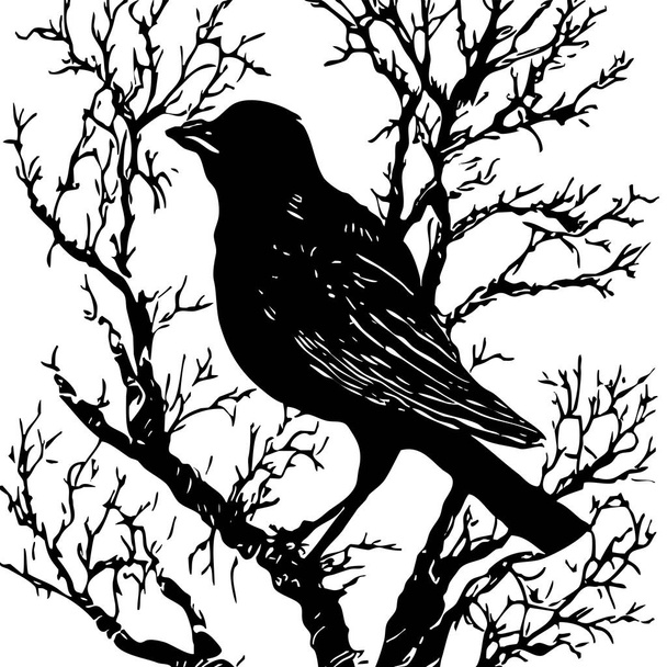 Ilustração em preto e branco. Pássaro preto em uma árvore. - Foto, Imagem