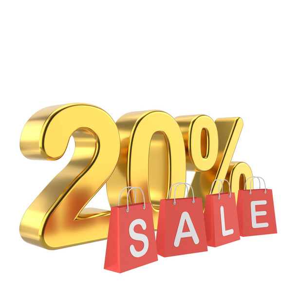 3D twenty percent sale. 20% sale. Golden sale badge. - Zdjęcie, obraz