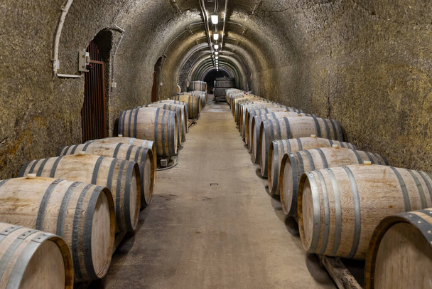 Bodegas con barricas, vino tradicional llamado Bikaver cerca de Eger, Hungría - Foto, Imagen