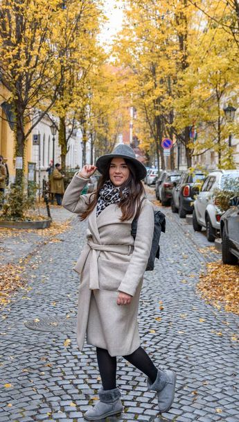 A vertical shot of a woman in a gray hat and coat in the urban street with yellow autumn trees - Fotoğraf, Görsel