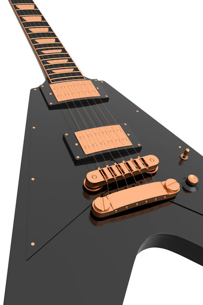 Close-up Guitarra acústica elétrica isolada em fundo branco. 3d renderização de conceito para cartaz festival de rock com guitarra heavy metal para loja de música - Foto, Imagem