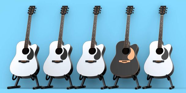 Set of acoustic guitar isolated on blue background. 3d render of concept for rock festival poster with spanish guitar for music shop - Zdjęcie, obraz