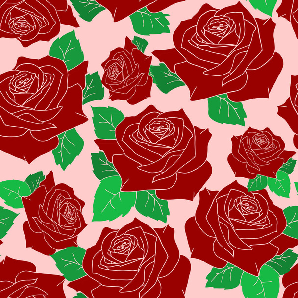 seamless pattern of large red rose flowers with leaves on a pink background, texture, design - Vecteur, image