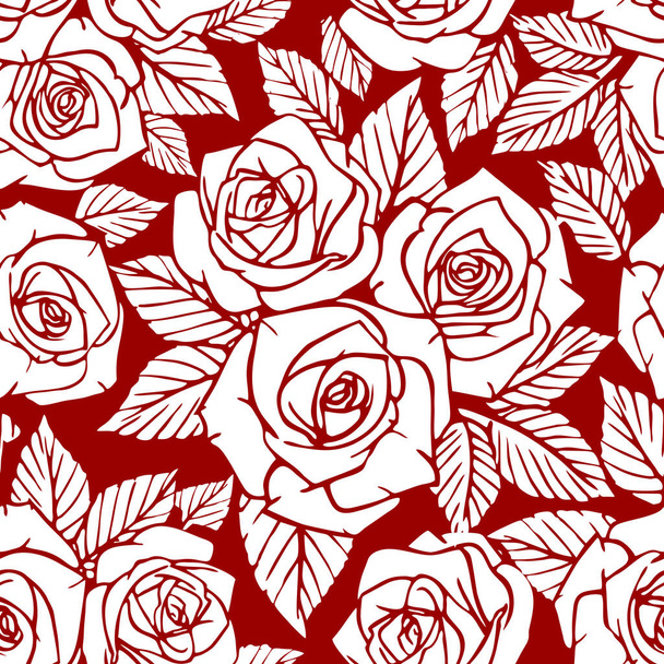 modello asimmetrico bianco senza cuciture di contorni di rosa su uno sfondo rosso, texture, design - Vettoriali, immagini