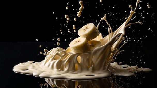 Splashing cream or milk with banana on black background. - Photo, Image