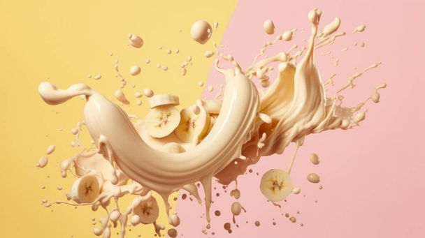 Splashing cream or milk with banana on pink background - Фото, изображение