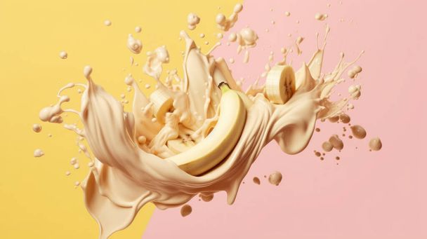 Splashing cream or milk with banana on pink background - Photo, Image