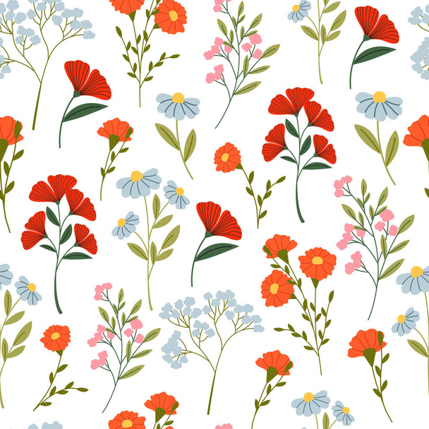 Seamless floral pattern vector flat illustration. Wildflowers repeating print. - Vektor, Bild