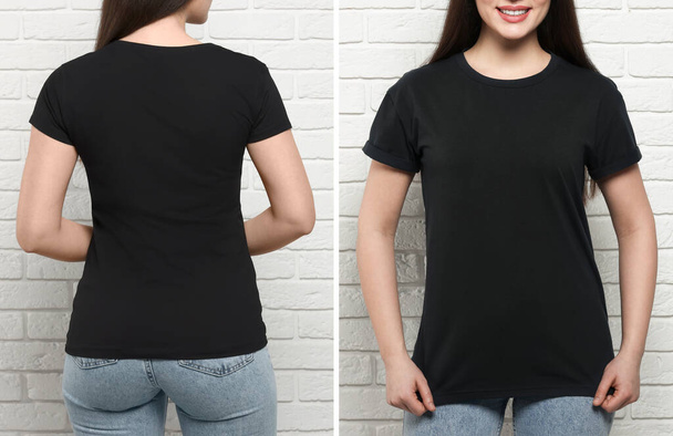 Frau trägt schwarzes T-Shirt in der Nähe weißer Backsteinmauer, Rück- und Vorderansichten. Mockup für Design - Foto, Bild