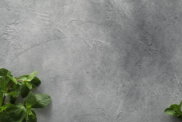 Φωτογραφία φαγητού. Νωπά αρωματικά φύλλα δυόσμου σε γκρίζο τραπέζι, επίπεδα με χώρο για κείμενο - Φωτογραφία, εικόνα