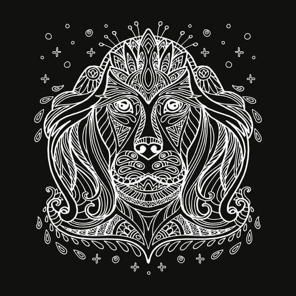 Vector decorative doodle ornamental head of dog. Abstract vector illustration of dog white contour isolated on black background. Stock illustration for coloring, design and tattoo.  - Vetor, Imagem
