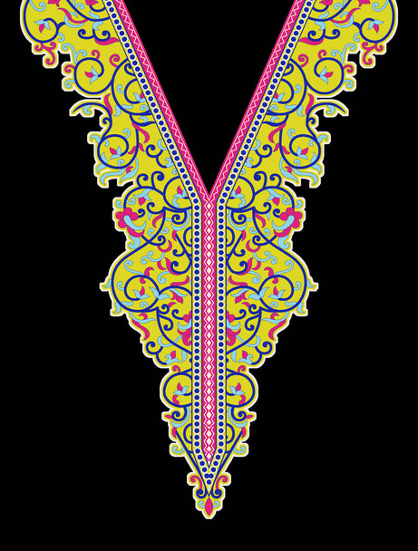 黒の背景に伝統的な美しい図部族の幾何学的な民族の襟レース東洋のパターン。アステカスタイルの刺繍抽象的なイラスト。テクスチャ、ファブリック、ファッションの女性のプリントのためのデザイン. - 写真・画像