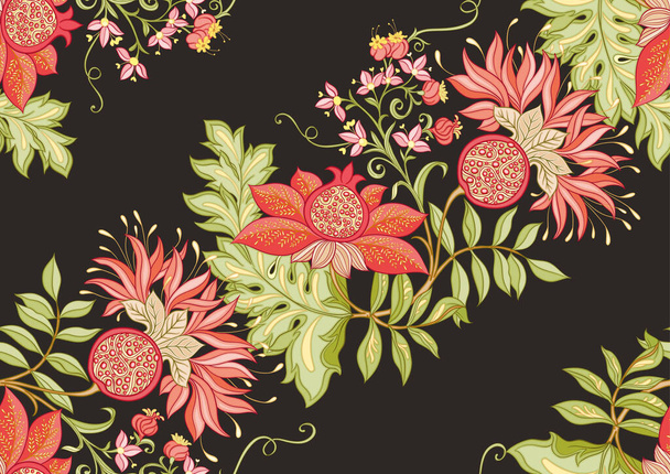 Decorative pomegranate fruits and flowers in art nouveau style, vintage, old, retro style. Seamless pattern, background. Vector illustration. - Vector, Imagen