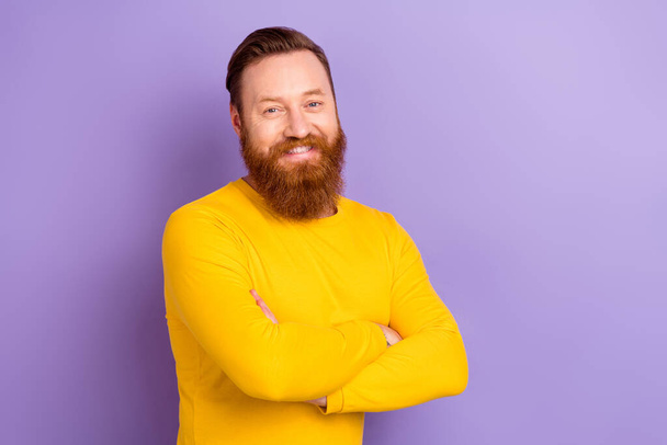 Portrait of satisfied confident businessman posing new hairstyle barber wear yellow shirt folded arms isolated on purple color background. - Foto, imagen