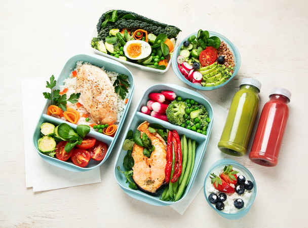 Different types of healthy meals in containers, Takeout food menu, top view, copy space - Fotoğraf, Görsel