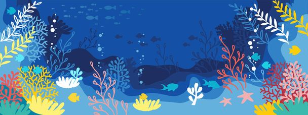 Vektor vízszintes kék háttér. A korallzátony víz alatti élővilága - Vektor, kép