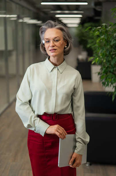 Attractive mature caucasian woman holding laptop while standing in office - Valokuva, kuva