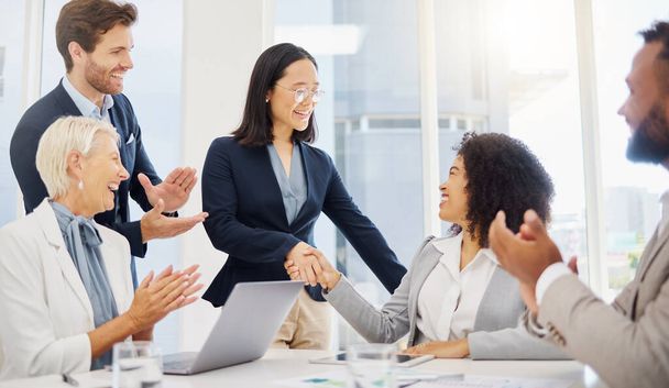 Applause, office deal and happy people shake hand for job interview success, promotion or hiring welcome. Recruitment, diversity and team clapping, celebrate and excited for career success growth. - Foto, Imagen