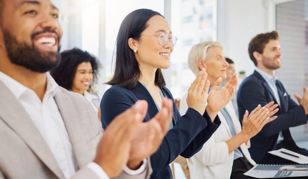 Happy audience, diversity or business people applause for trade show success, convention presentation or seminar achievement. Support, conference meeting and crowd clapping for motivational speech. - Valokuva, kuva