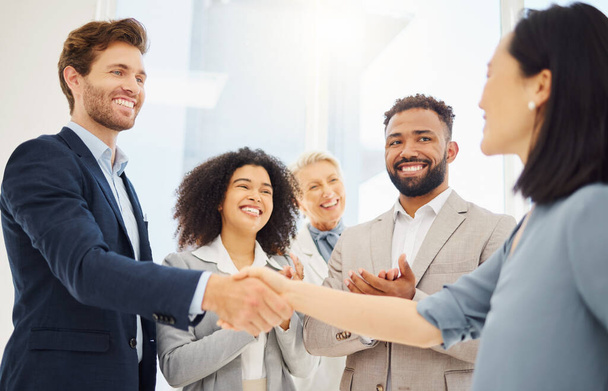 Partnership hand shake, happy or business people applause for acquisition agreement, partner deal or merger success. Thank you handshake, congratulations or diversity group clapping for job promotion. - Photo, Image