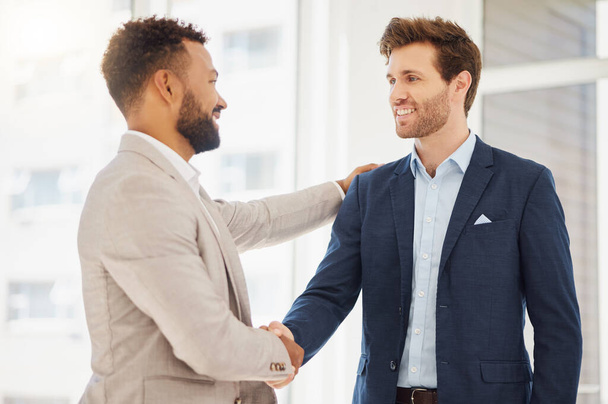 Partnership hand shake, happy man or business people agreement for investment, b2b contract deal or merger success. Thank you, recruitment handshake or person with job interview, hiring HR or welcome. - Photo, Image