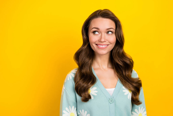 Portrait of cheerful nice person beaming smile look empty space blank isolated on yellow color background. - Foto, Imagem